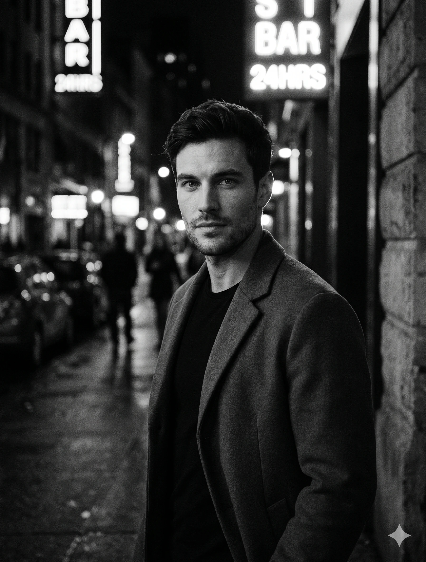 AI generated image corresponding to Cinematic B&W Urban Street Portrait prompt