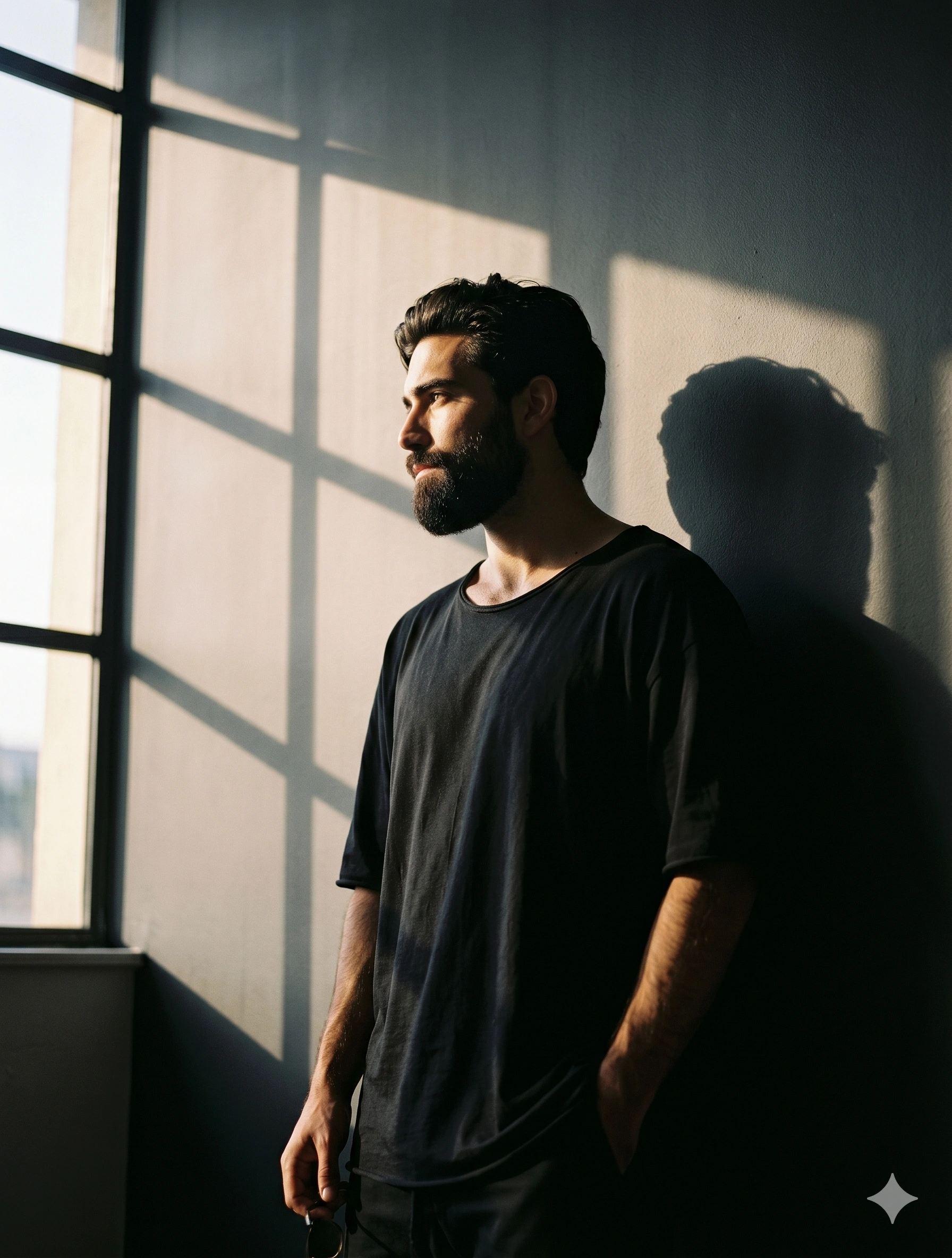 AI generated image corresponding to Cinematic Chiaroscuro Window Shadow Portrait prompt