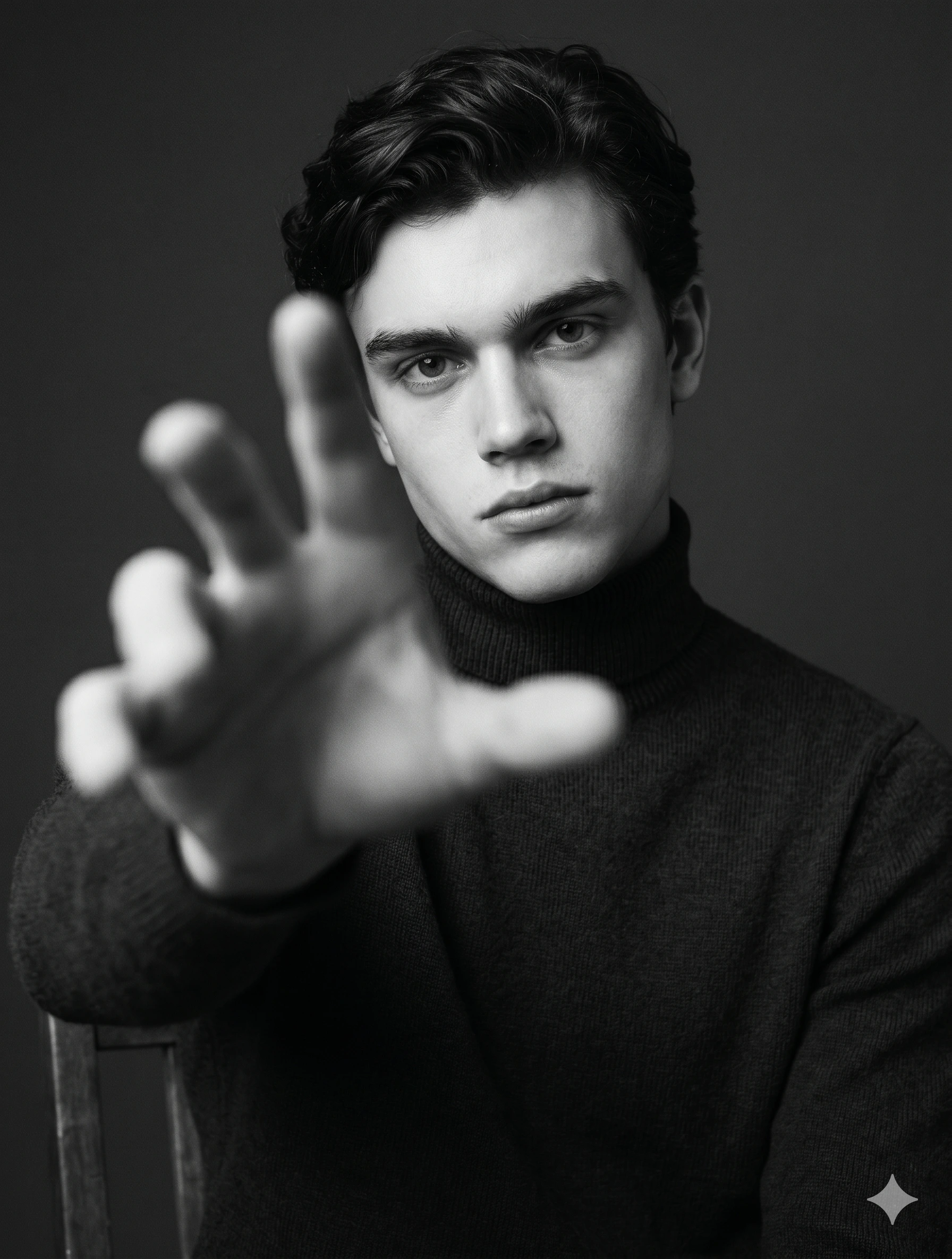 AI generated image corresponding to Cinematic Hand-Reach Black & White Portrait prompt