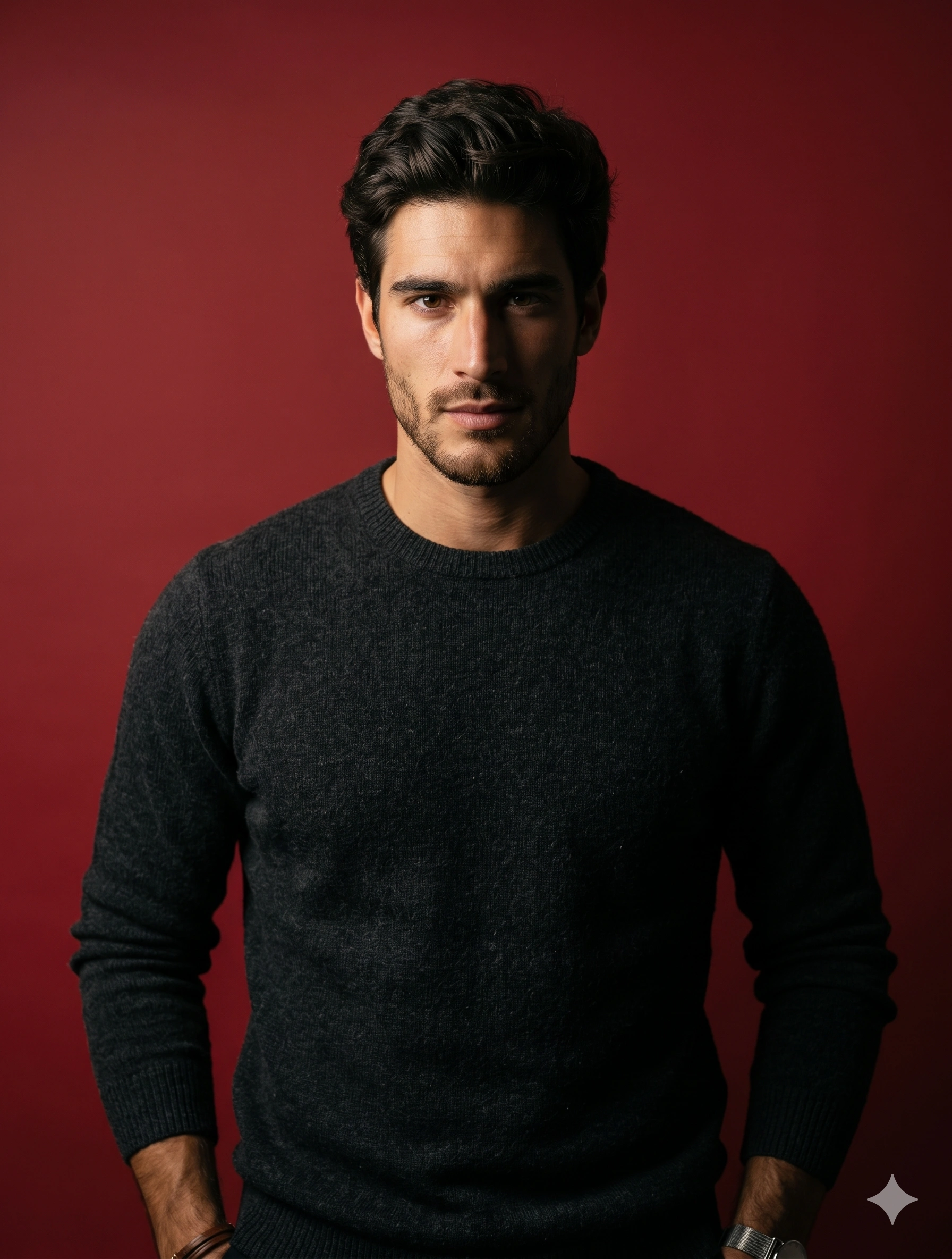 AI generated image corresponding to Dramatic Studio Portrait with Red Background prompt