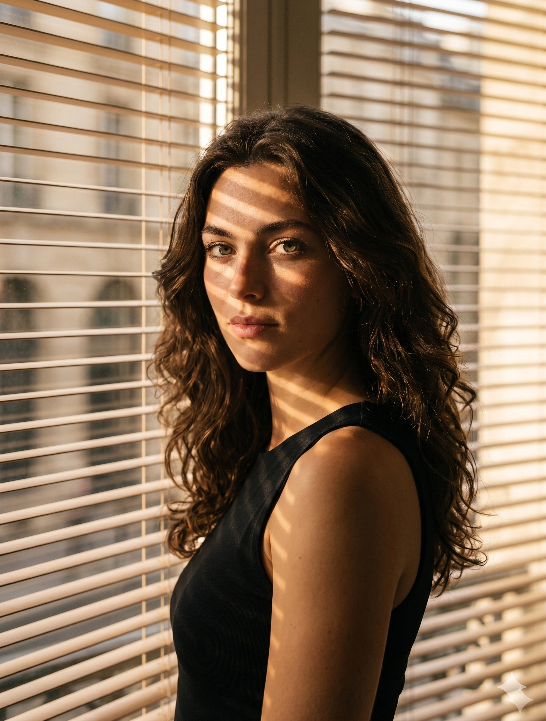 AI generated image corresponding to Golden Hour Window Blinds Portrait prompt