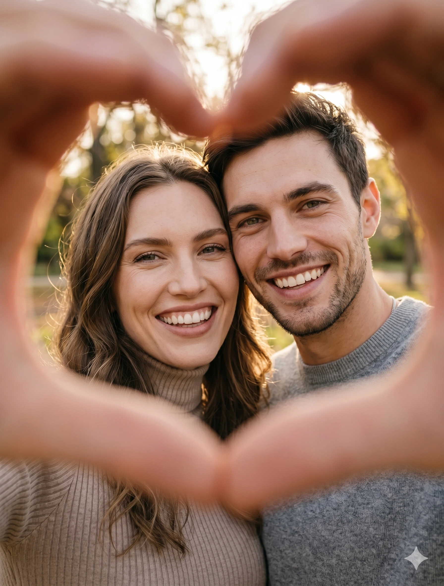 AI generated image corresponding to Joyful Couple Heart-Hand Frame prompt