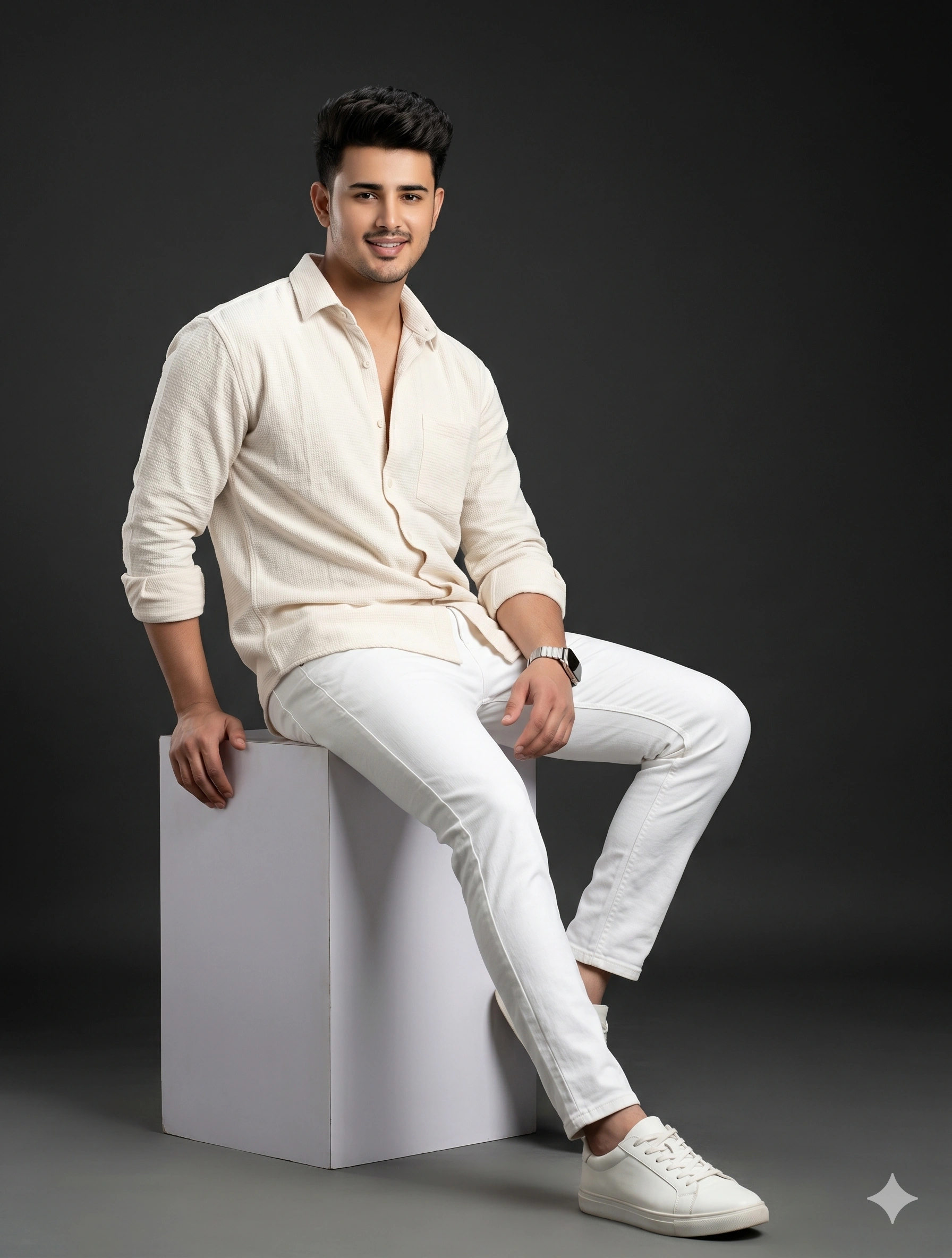 AI generated image corresponding to Minimal Studio White Outfit Portrait prompt