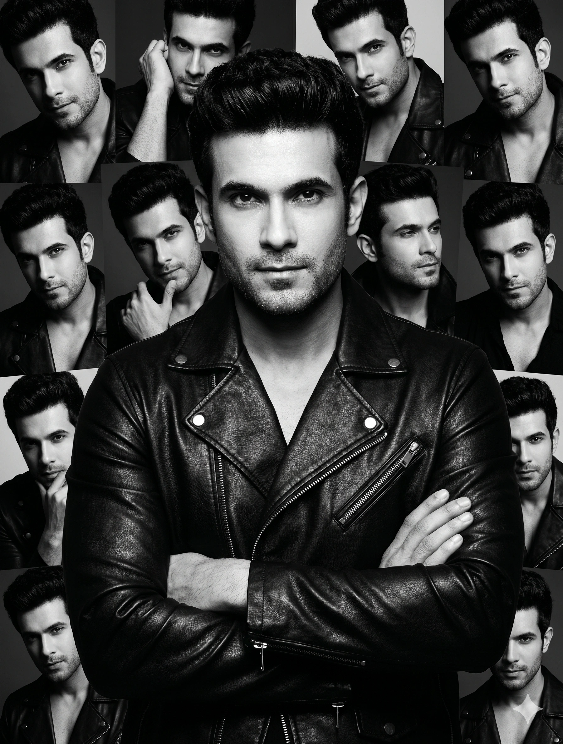 AI generated image corresponding to Monochrome Leather Jacket Portrait Collage prompt