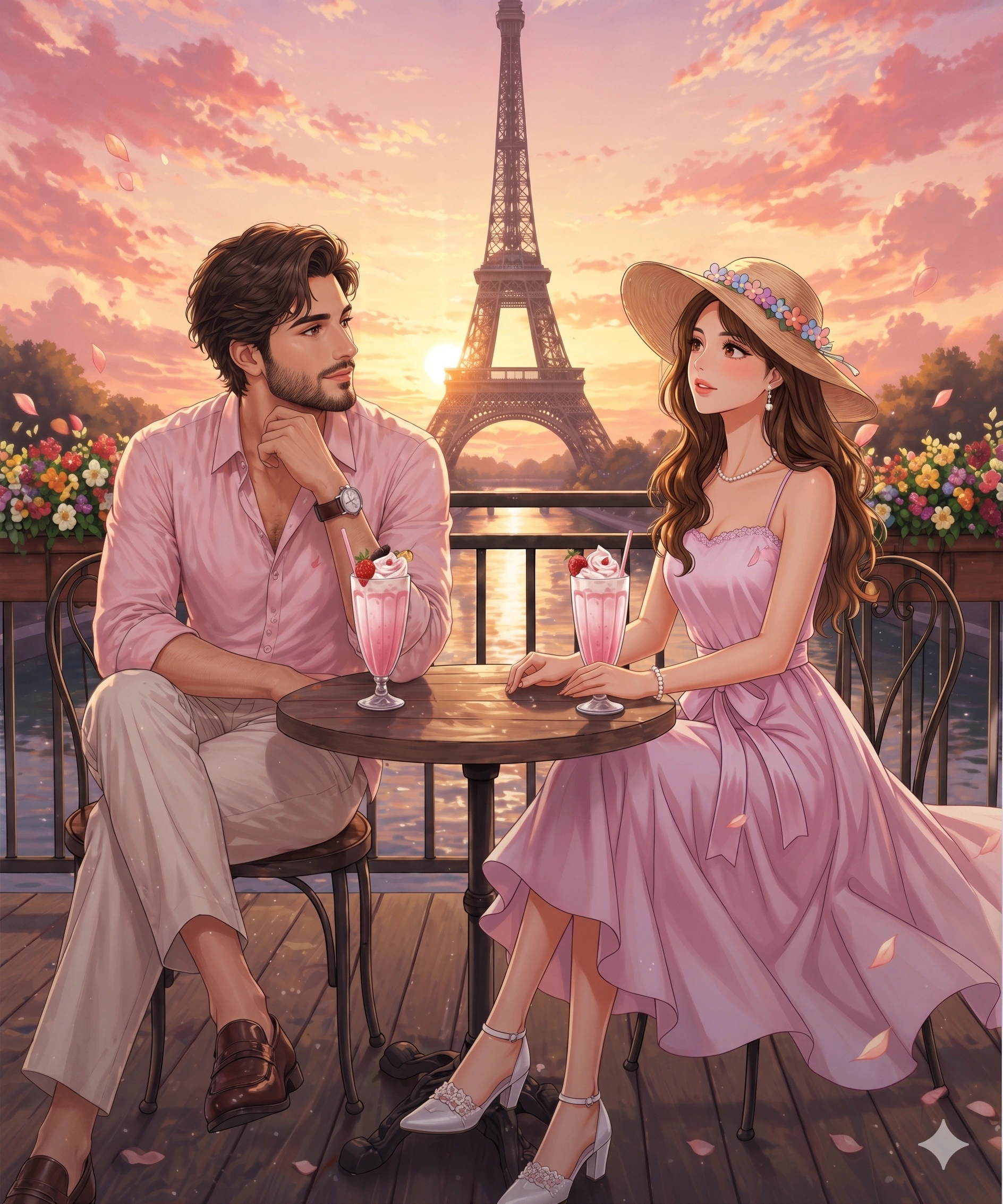 AI generated image corresponding to Romantic Paris Sunset Café Couple Illustration prompt