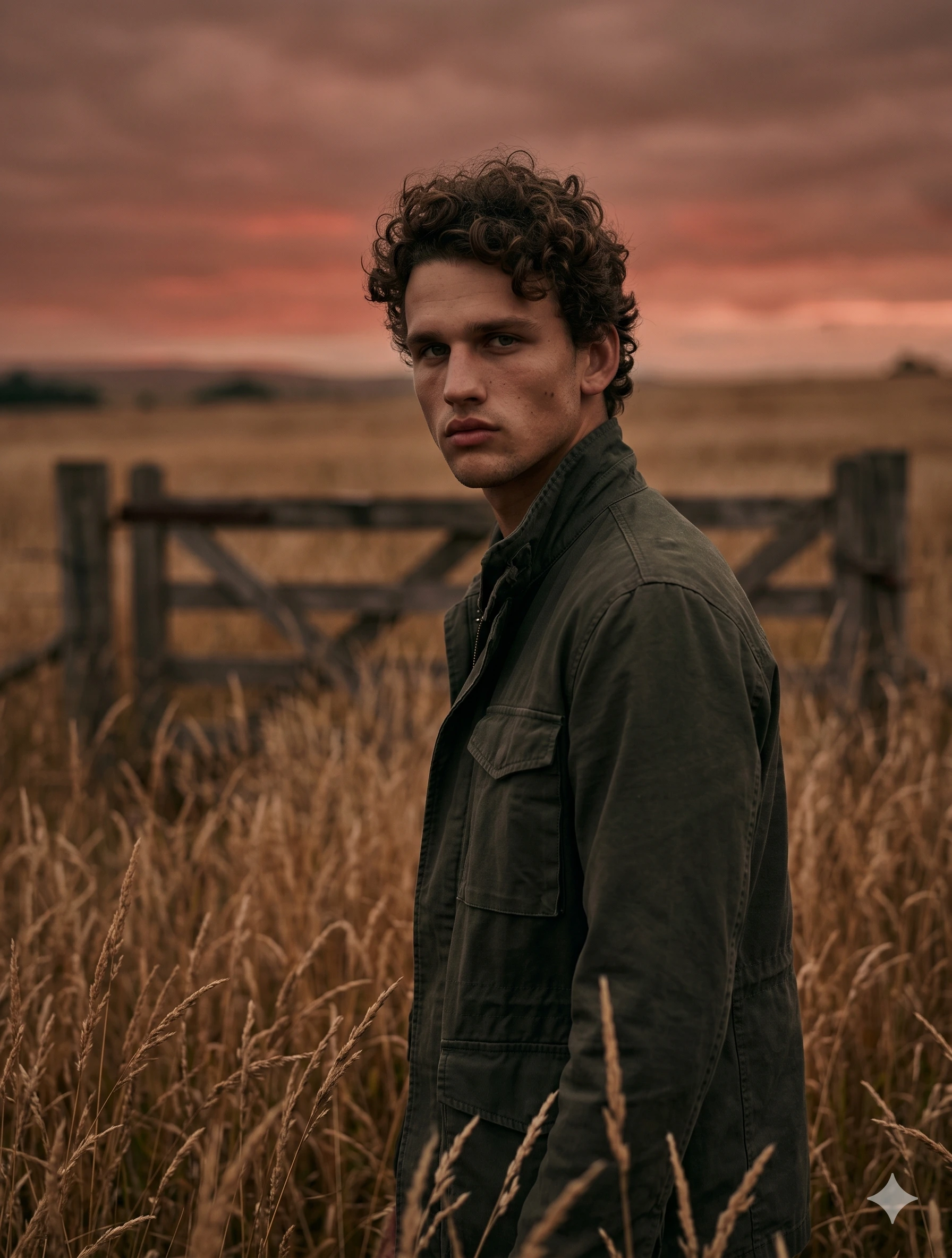 AI generated image corresponding to Somber Sunset Field Portrait prompt